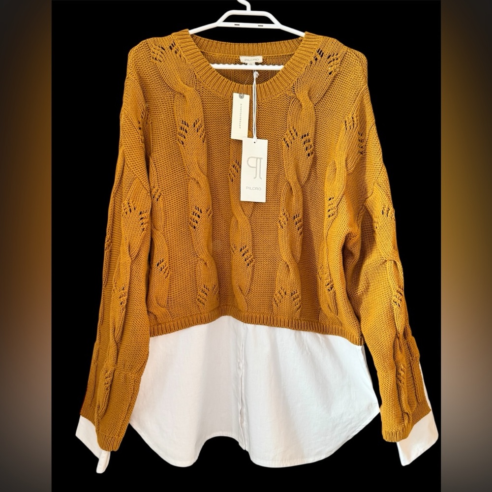 🆕 PILCRO by Anthropologie Cable Twofer 2 Layer Sweater, Copper, size Large